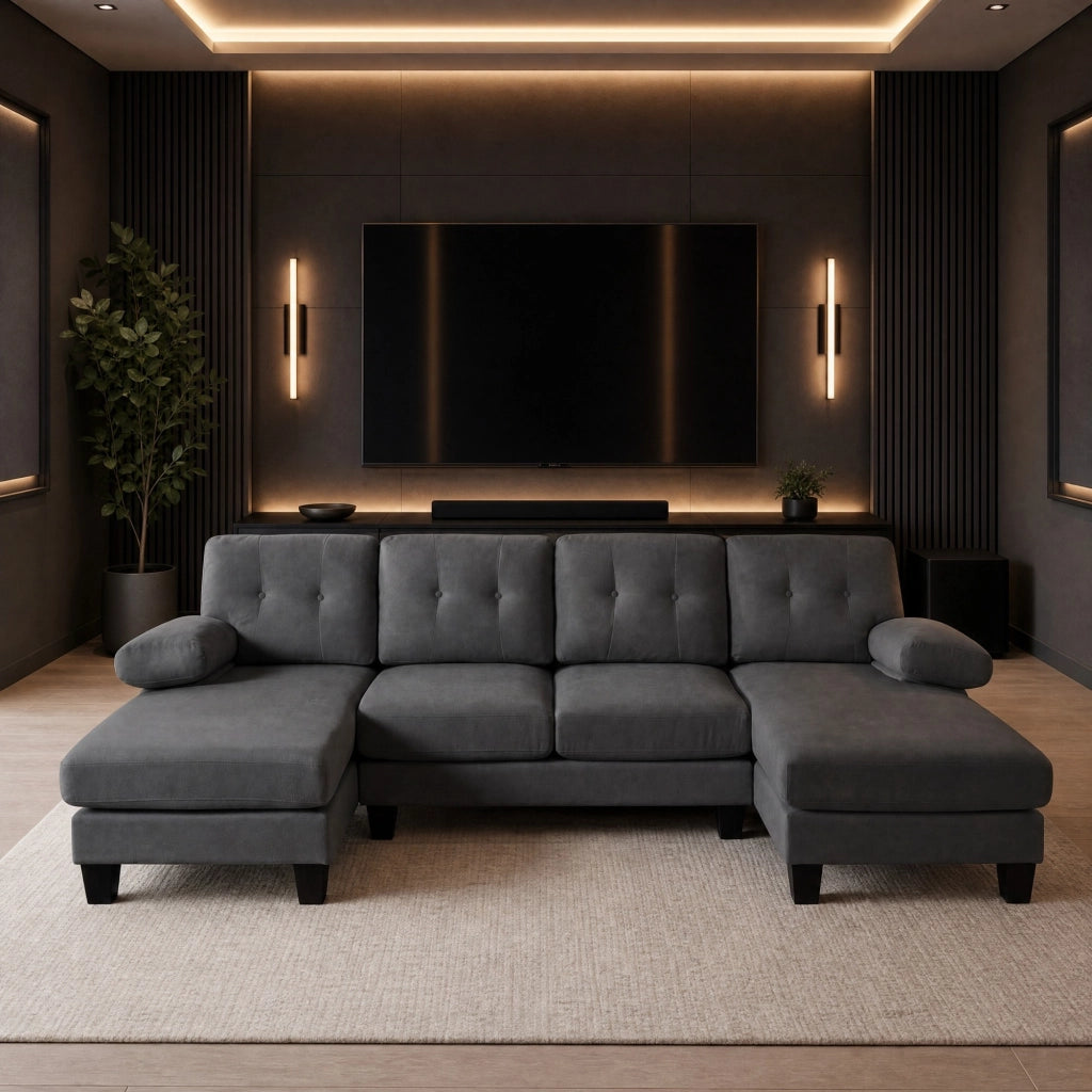 Divano con chaise-longue su entrambi i lati in chenille, tasche laterali, braccioli rimovibili con zip, grigio 268 × 128 × 84 cm