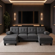 Divano con chaise-longue su entrambi i lati in chenille, tasche laterali, braccioli rimovibili con zip, grigio 268 × 128 × 84 cm