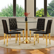 Tavolo da pranzo con 4 sedie in vetro temperato e metallo, nero e oro, diametro 85 cm, altezza 76 cm