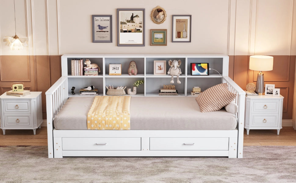 DESMIU Divano letto 90 × 190 cm 1 posto con ripiani, presa e 2 cassetti, senza materasso, bianco