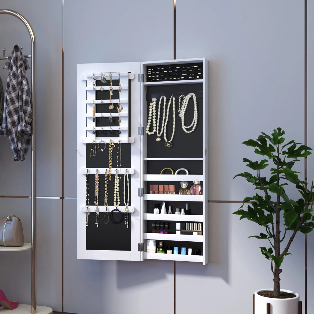 Specchio Portagioie Armadietto da Parete con Ganci e Scomparti ¨C zephmum ¨C Legno, Bianco, 37x9.5x112 cm
