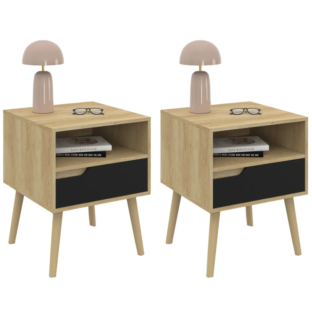 IDMarket - Juego de 2 mesillas de noche escandinavas HELSINKI de 1 cajón en negro y efecto haya