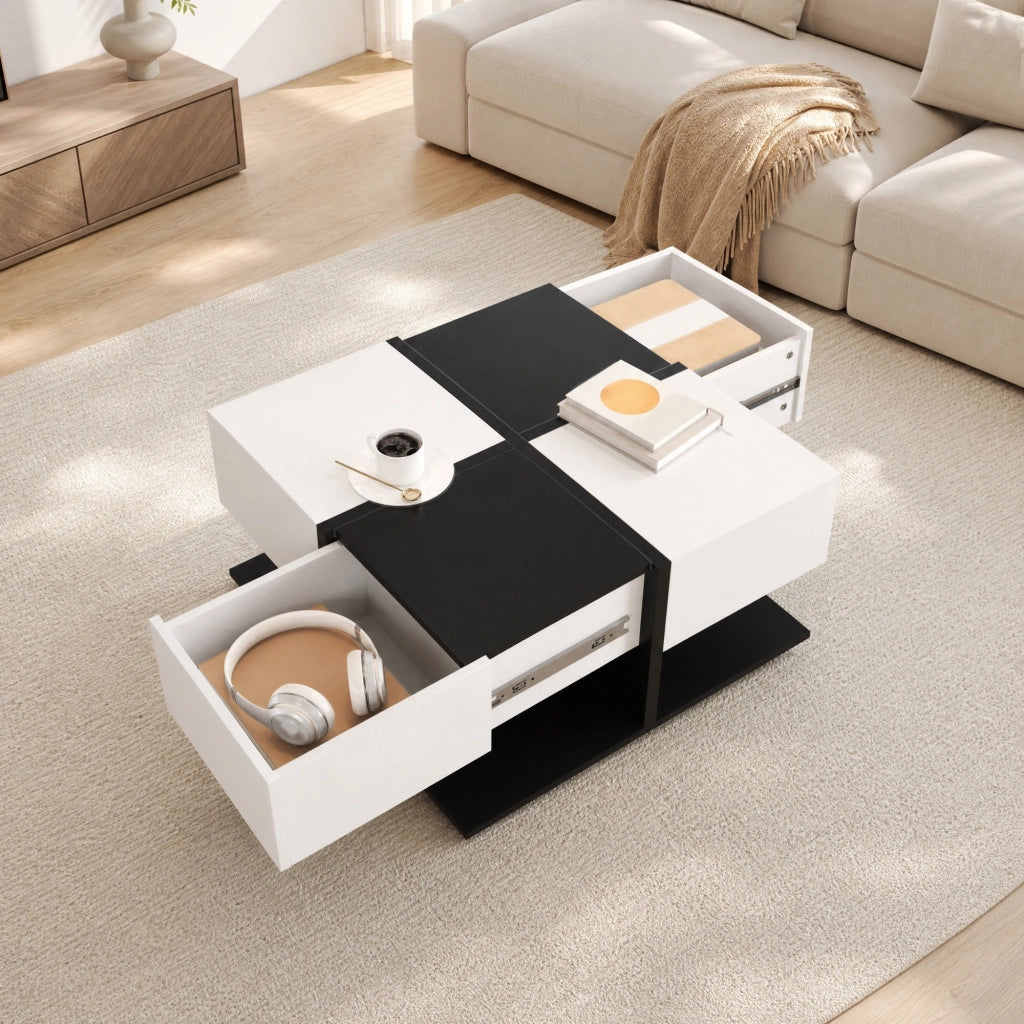 TAVOLINO DA CAFFÈ Quadrato 70 x 70 x 35,5 cm Bianco e Nero con 2 cassetti