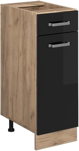 Mobiletto base per cucina R-Line, Nero lucido, 30 cm senza piano di lavoro, per la libera combinazione all'interno di sistemi cucina modulari