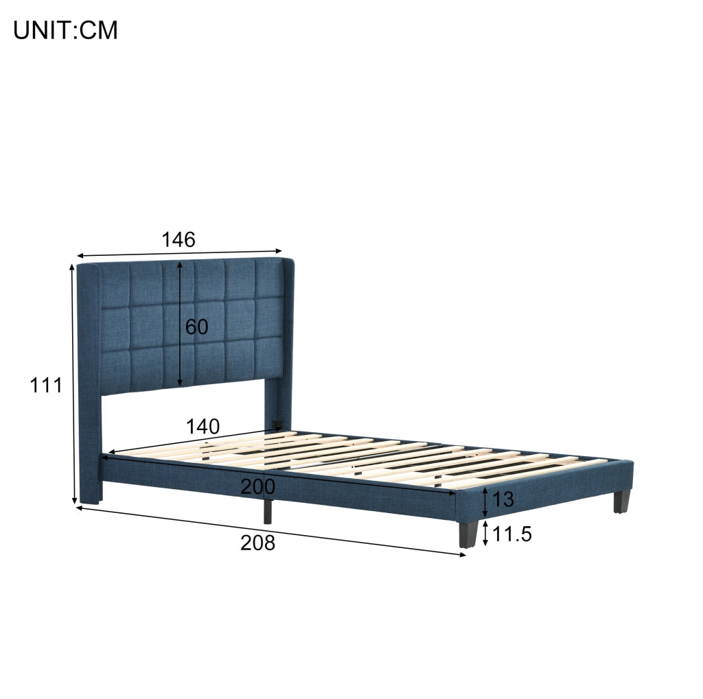 Letto matrimoniale imbottito ULEVR 140x200 cm con rete a doghe e materasso a molle, blu