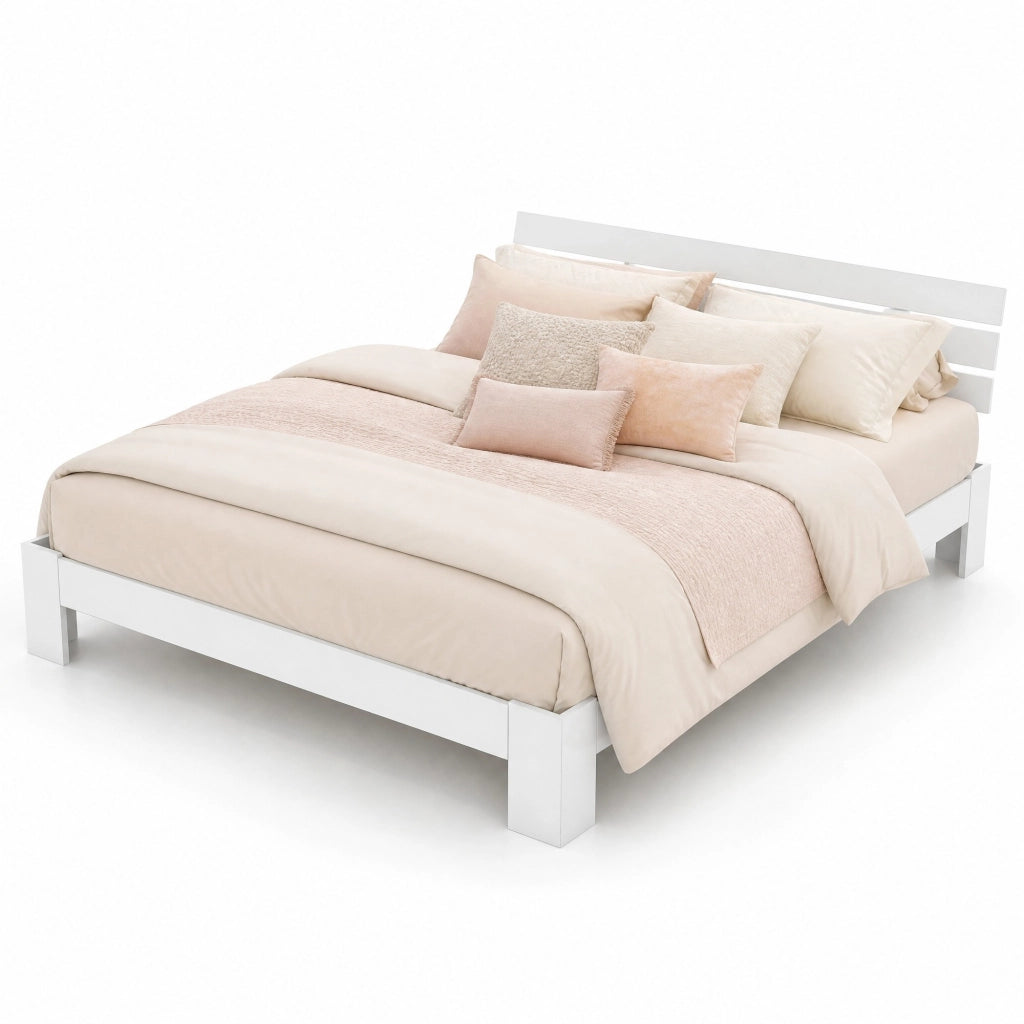 Letto matrimoniale 140x200 cm in legno massiccio bianco con rete a doghe, design rustico e salvaspazio