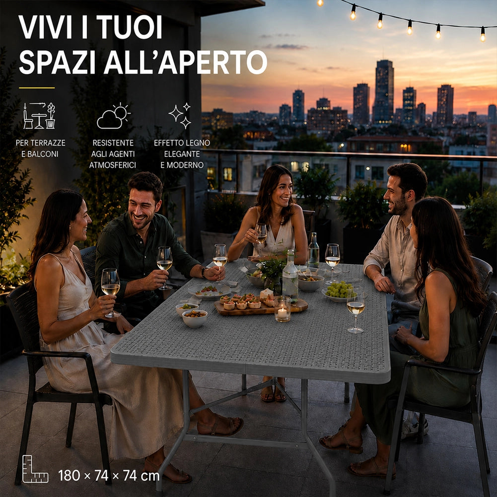 Tavolo Pieghevole Grigio Polyrattan Resistente Tavolino da Esterno 180x74x74cm