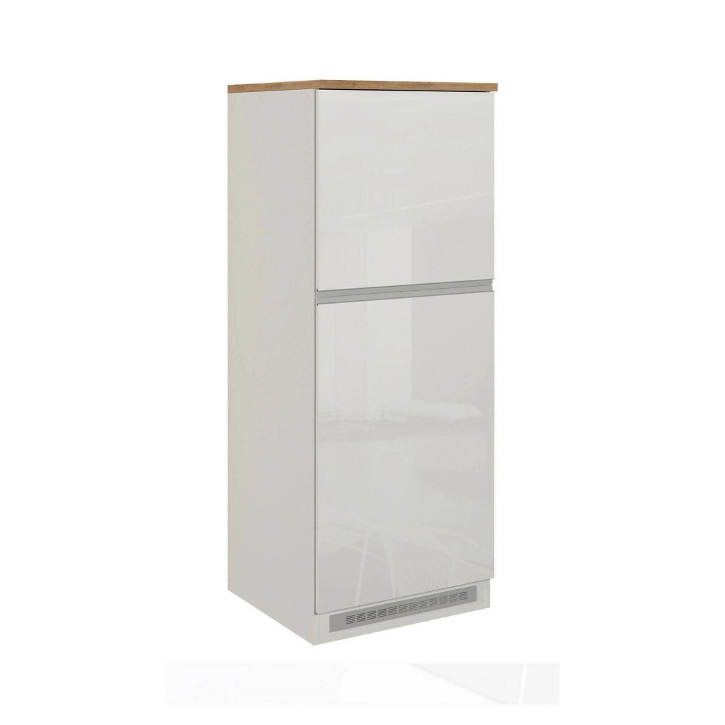 Dispensa da cucina Mesarthim, Mobile multiuso, Armadio porta frigo a 2 ante, 100% Made in Italy, 60x60h165 cm, Bianco lucido e Rovere
