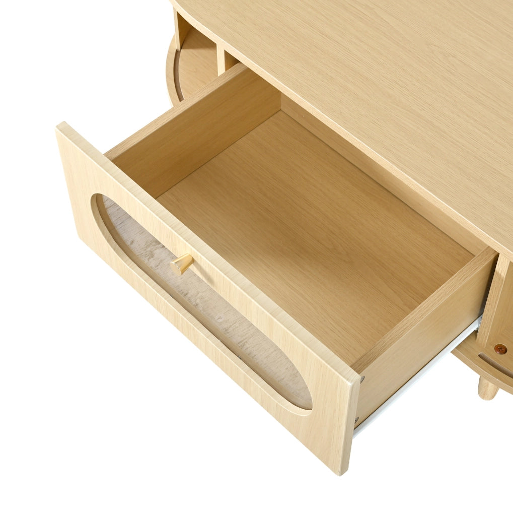 Tavolino da salotto 100x50x36 cm in MDF effetto legno; con cassetto e ante a serranda; oak