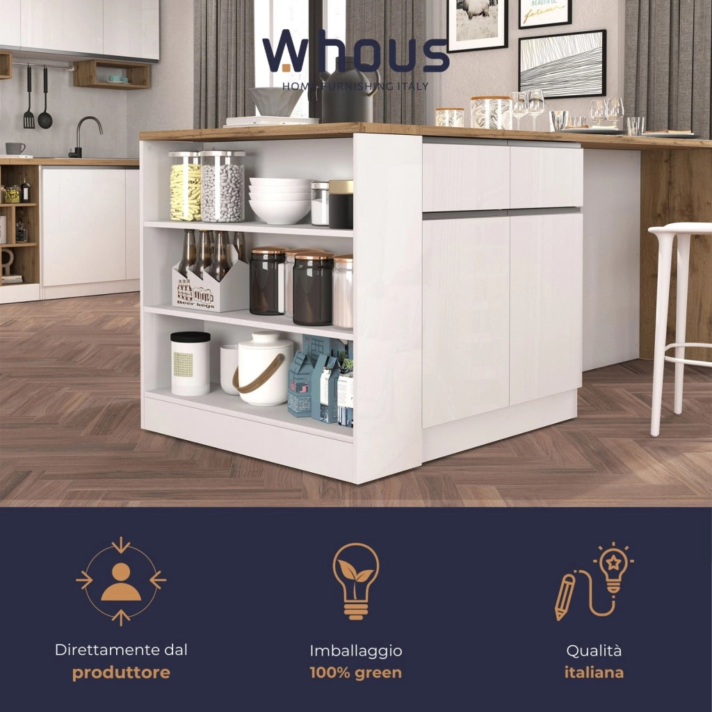 WHOUS Mobile a scaffale Sole con 3 ripiani bianco lucido e rovere 90x90x25 cm