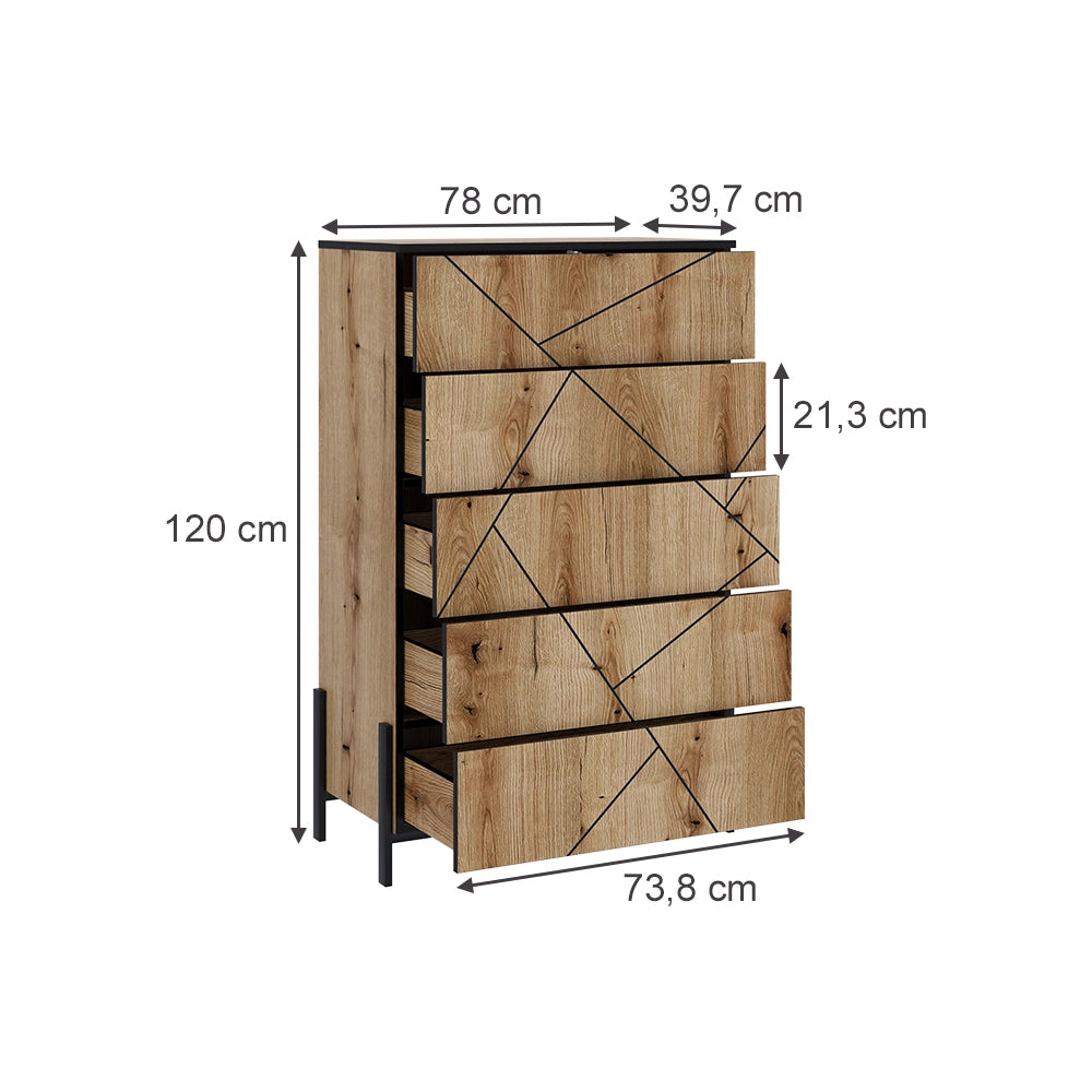 Vicco Cassettiera per camera da letto Rovere 78 x 120 cm con 5 cassetti