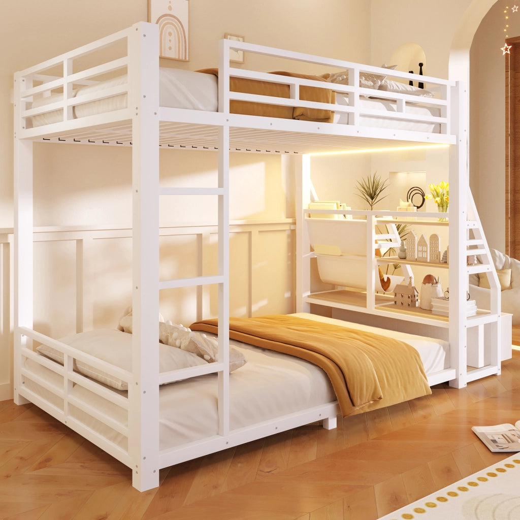 DESMIU Letto a castello 90 × 200 cm 2 posti con LED, ripiani e 2 cassetti in tessuto, senza materasso, bianco