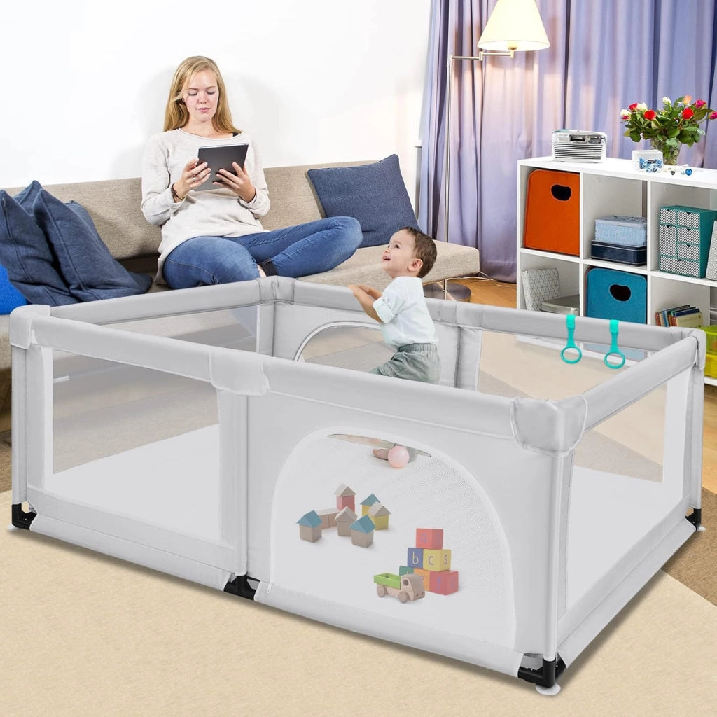 Box per Bambini, Centro Attività Portatile e Sicuro per Bambini, Box Colorato con Cancello, Recinto Extra per Interno ed Esterno con Rete Traspirante Durevole (Grigio)