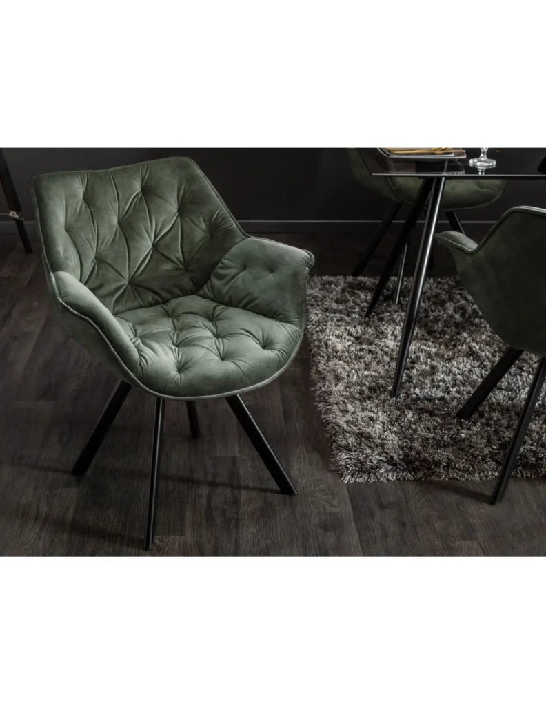 Set di 2 sedie design COMFY girevoli a 180° in velluto verde scuro trapuntato e gambe nere
