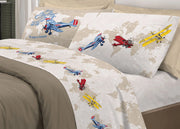 Completo Lenzuola Linea Pensieri Delicati 100% Cotone Disegno Aerei - Matrimoniale - Rosso