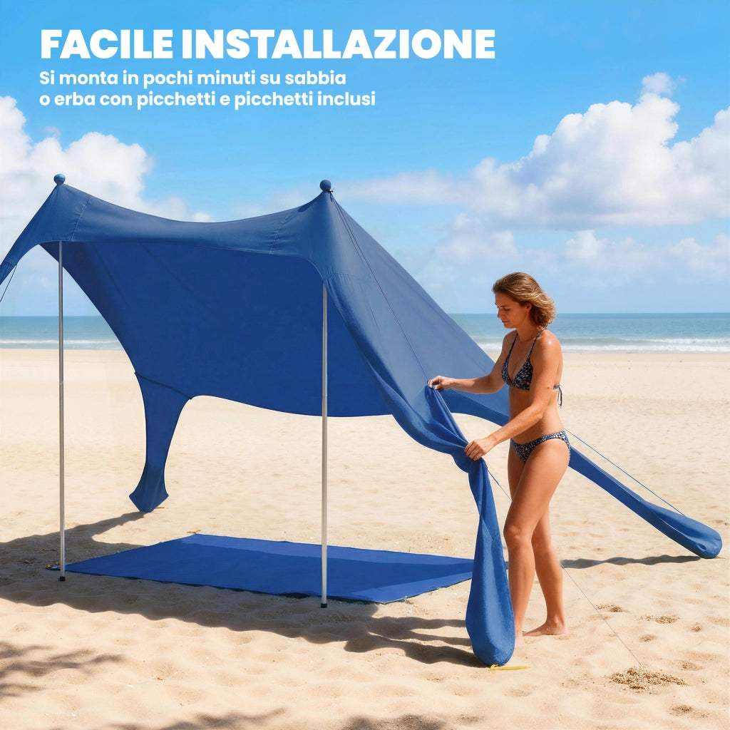 Tenda Spiaggia 2-4 Persone Tappetino Pala Protezione Solare UPF50+ Blu
