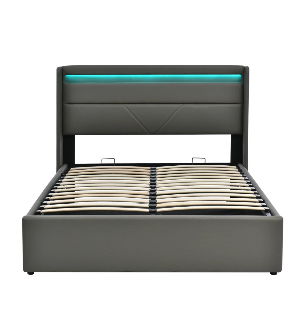 Letto imbottito con contenitore e illuminazione LED, 140x200 cm, grigio