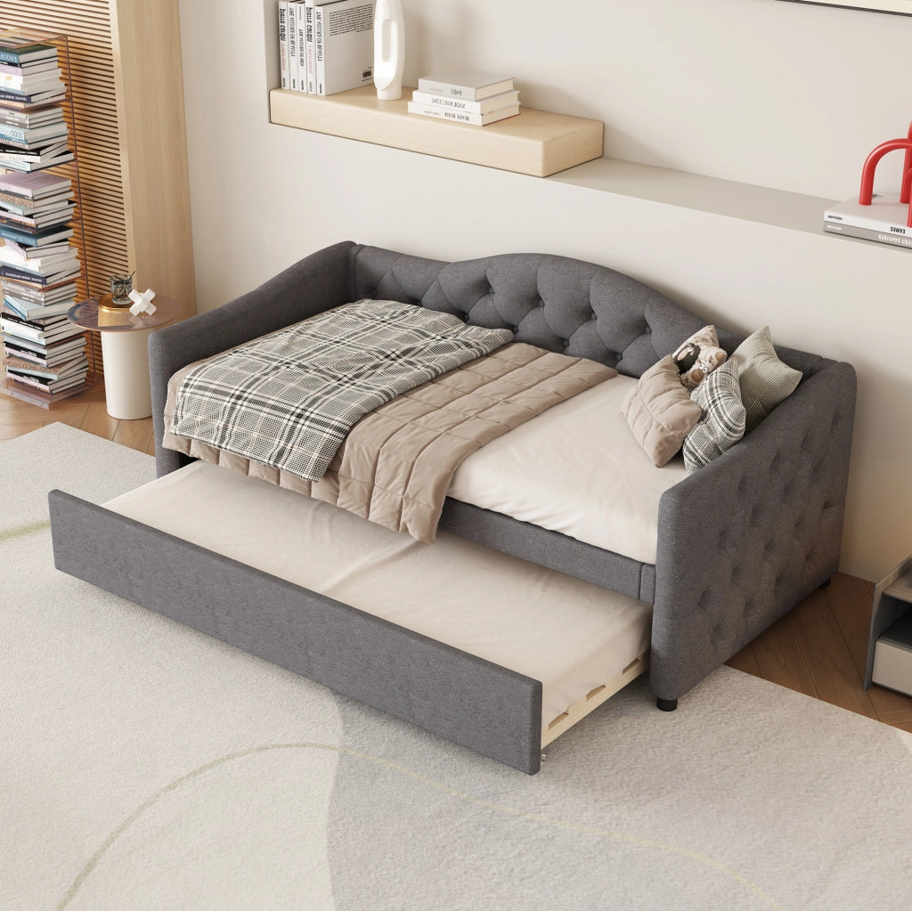 Letto singolo 90x200 cm con letto estraibile in lino grigio HAVRYA