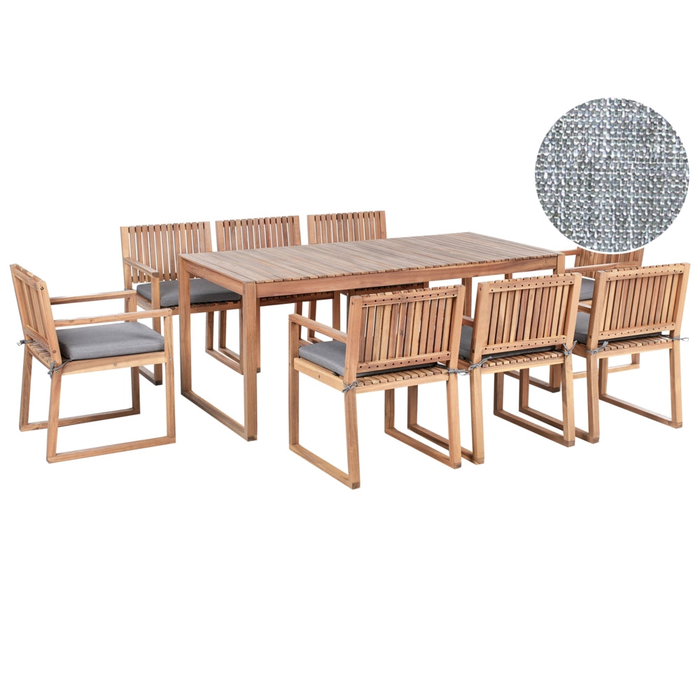 Set da Giardino Legno di Acacia chiaro con Tavolo e 8 Sedie con Cuscini grigio giardino terrazzo