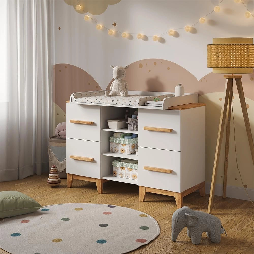 Fasciatoio Malia, Cashmere/Artigianale, 133 x 98 cm XL con 4 cassetti, con fasciatoio rimovibile per l'utilizzo come cassettiera