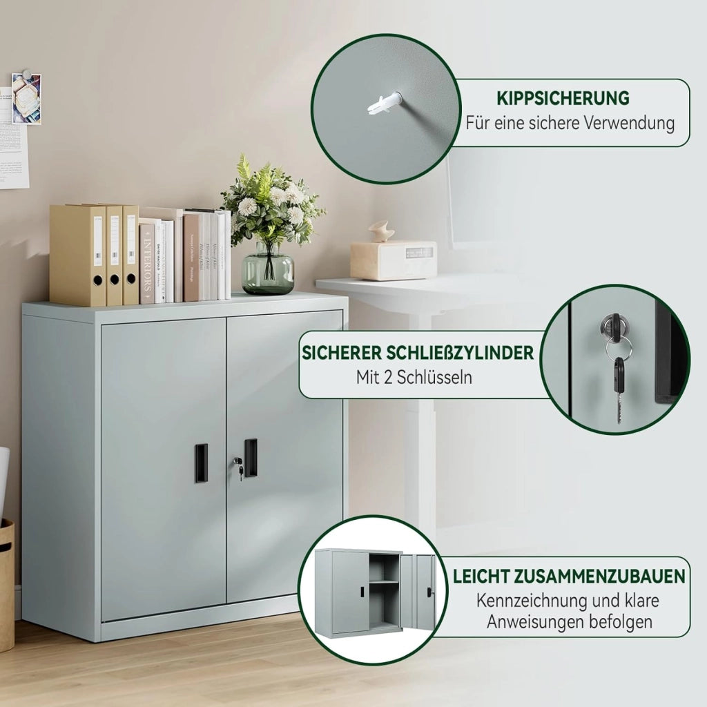 Armadio per Archiviazione con Serratura e Ripiano Regolabile in Altezza, Armadio Multiuso per Ufficio in Metallo, Grigio, L90xH92xP40 cm, ASK12gr
