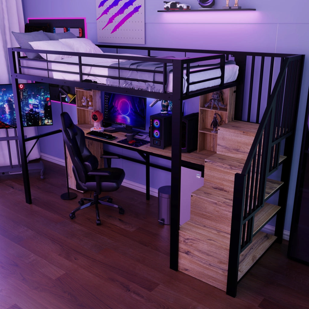Letto a soppalco 90x200 cm con scrivania; contenitore e USB in metallo e MDF nero