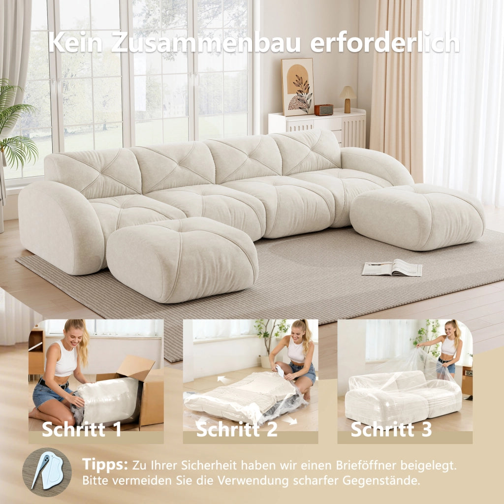 Divano modulare senza struttura in ciniglia; 4 posti; con 2 pouf; seduta in schiuma 32D; beige chiaro