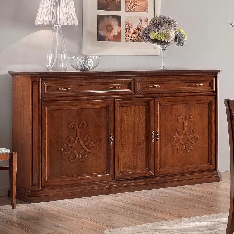 Credenza classica 3 porte 2 cassetti legno noce bassano rilievo 196x50x110 - Mobili 2G