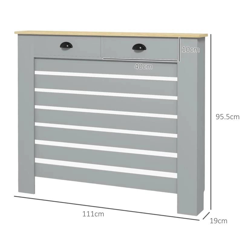 COPRITERMOSIFONE IN MDF A DOGHE, COPRICALORIFERO A GRIGLIA CON 2 CASSETTI, 111X19X95.5 CM, GRIGIO