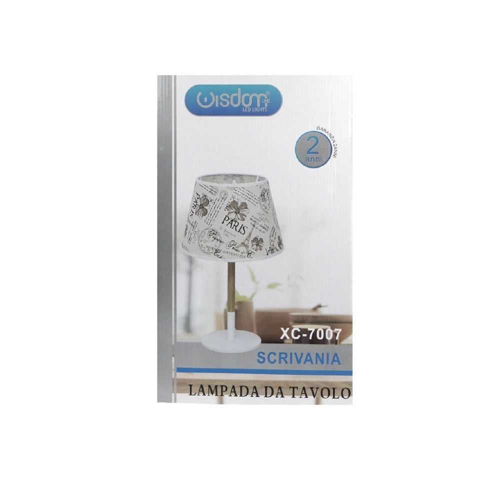 Trade Shop - Lampada Da Tavolo Con Paralume Bianco In Tessuto Base Legno Lampada E27 Xc-7007 -