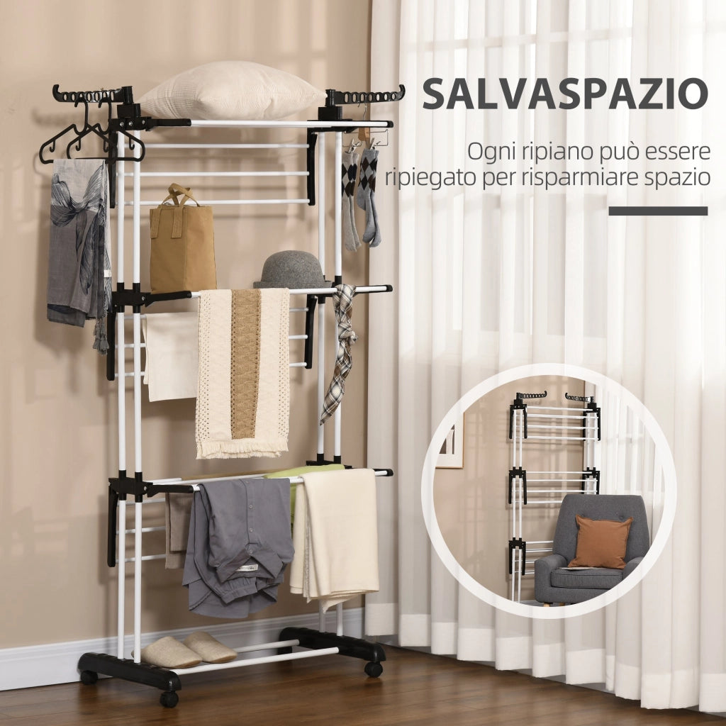 Stendibiancheria Pieghevole a 4 Livelli con Ali Girevoli e 4 Ruote 73x64x177 cm in Acciaio e PP Nero