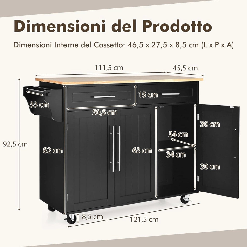 Carrello da Cucina, Carrello di Servizio con Ruote e Maniglia, 3 Ante e 2 Cassetti, Ideale per Cucina Ristorante Bar, 122x46x92,3 cm (Nero)