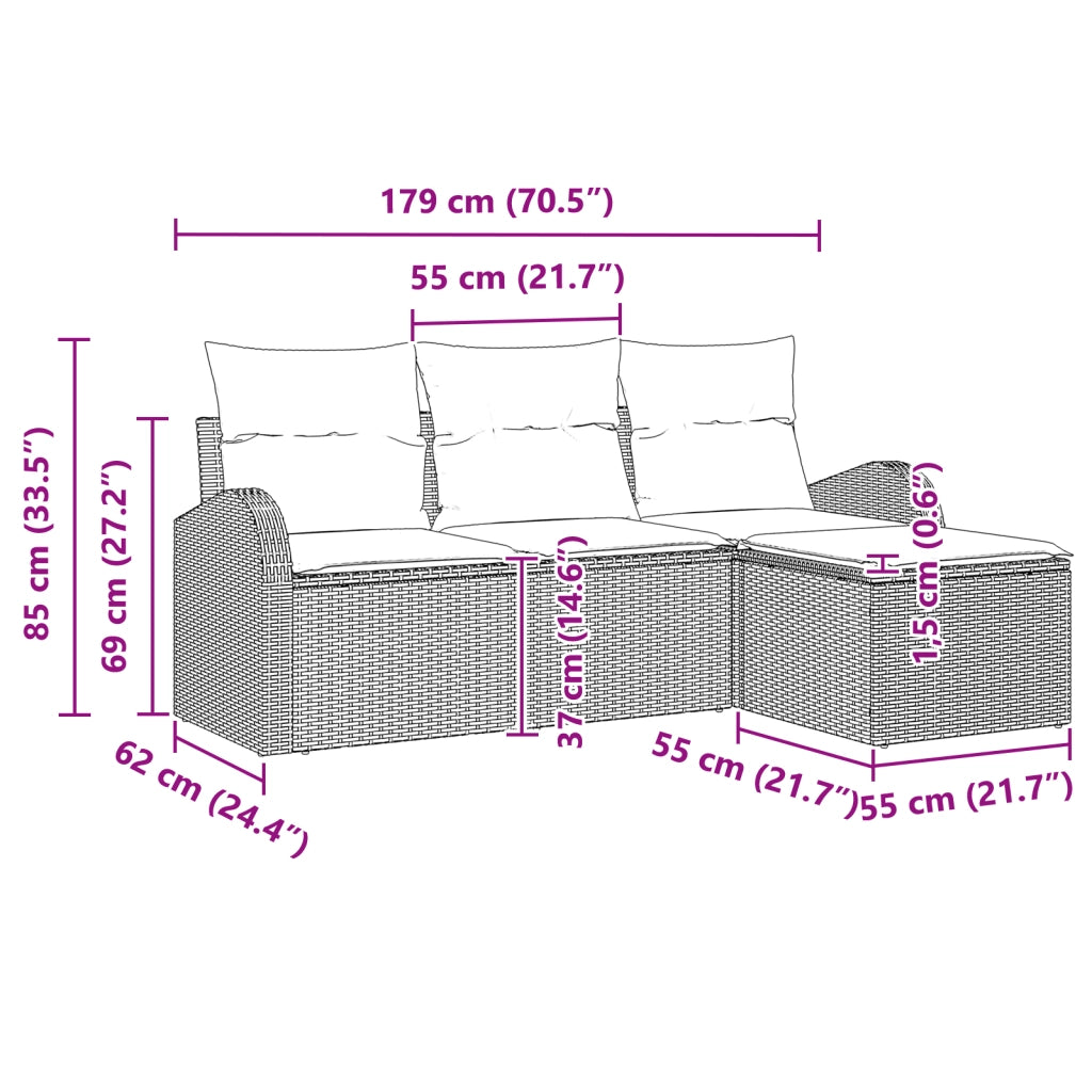 Set Divano da Giardino a 4 Pezzi con Cuscini Grigio Polyrattan