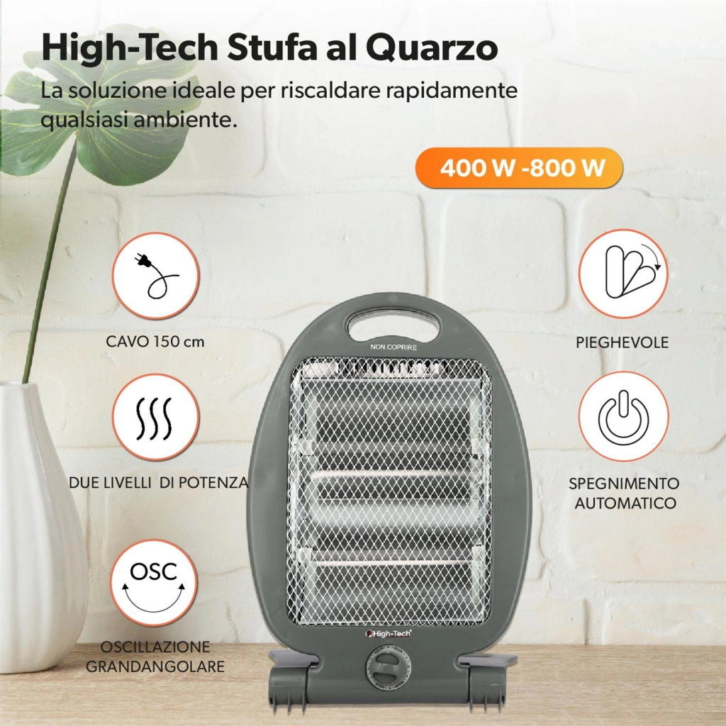 HIGH-TECH STUFA AL QUARZO 400-800 W PIEGHEVOLE 2 LIVELLI DI POTENZA CON SPEGNIMENTO AUTOMATICO