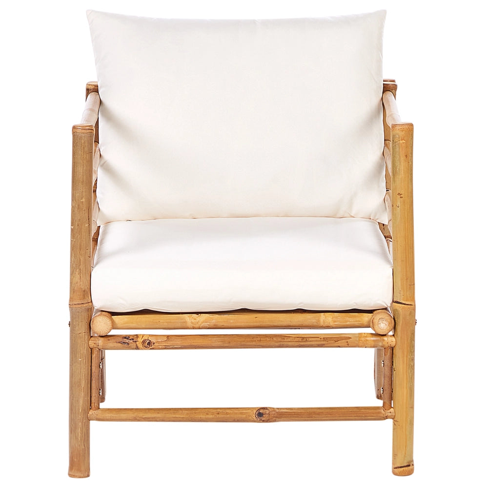 Set da giardino modulare con divano a 3 post 2 poltrone e tavolino in bambù naturale con cuscini bianco crema esterno elegante