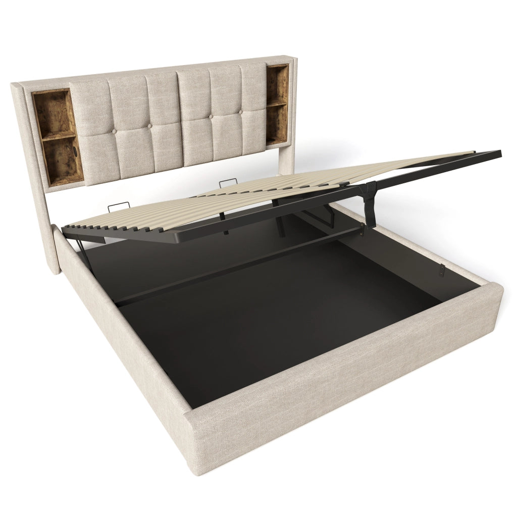 OKWISH Letto contenitore 140×200 cm, Letto Matrimoniale con Ricarica Wireless, USB, Type C e 4 Vani, senza Materasso, Lino Naturale