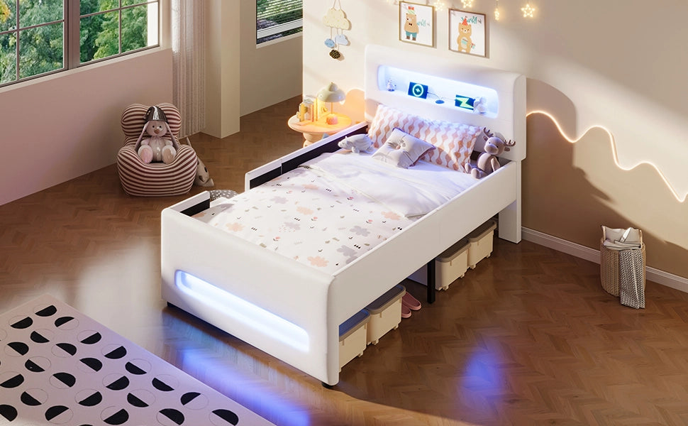DESMIU Letto singolo 90 × 200 cm con cassetto, luce LED, senza materasso, in PU e MDF, bianco