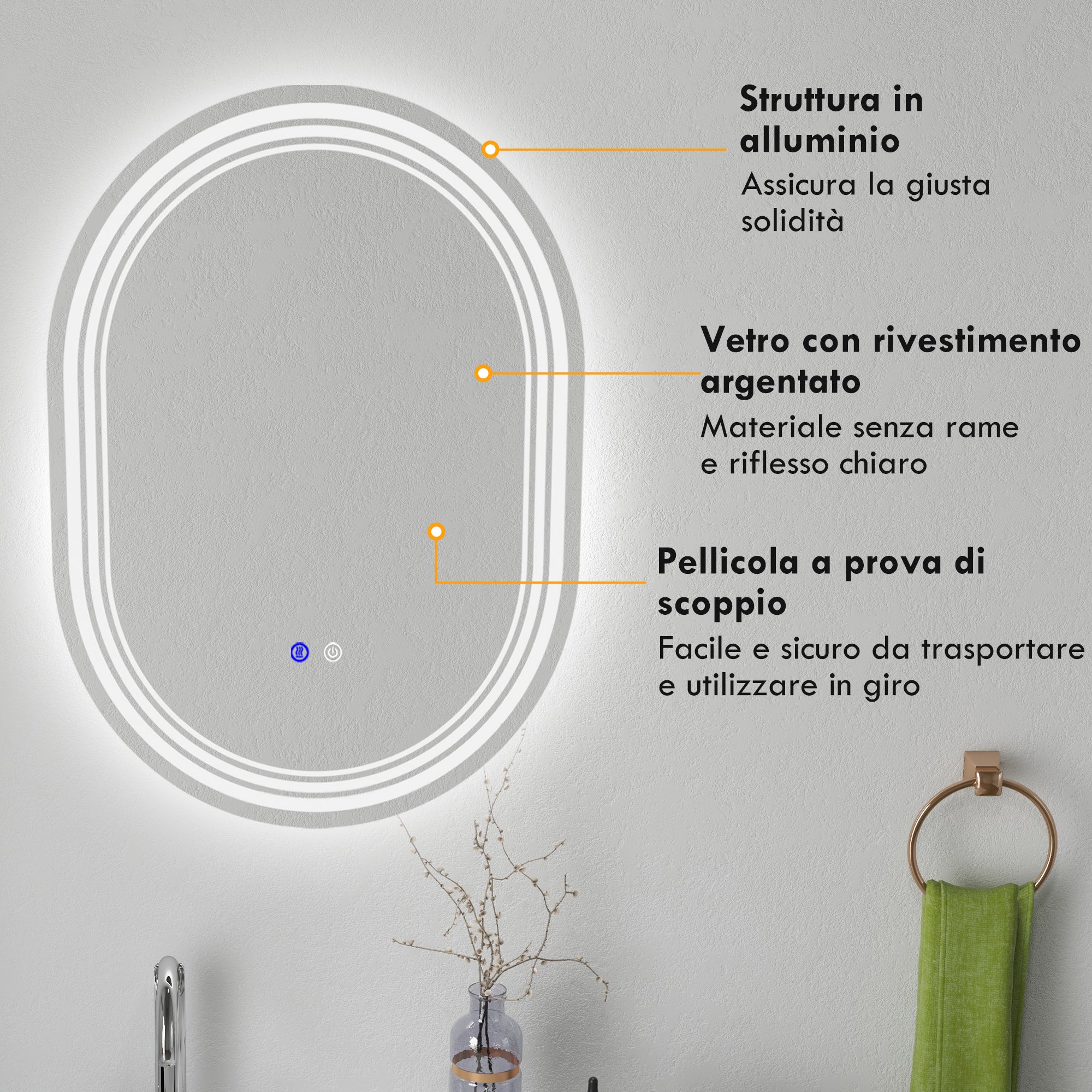 Specchio Bagno con LED 80x60 cm Antiappannamento e Interruttore Touch