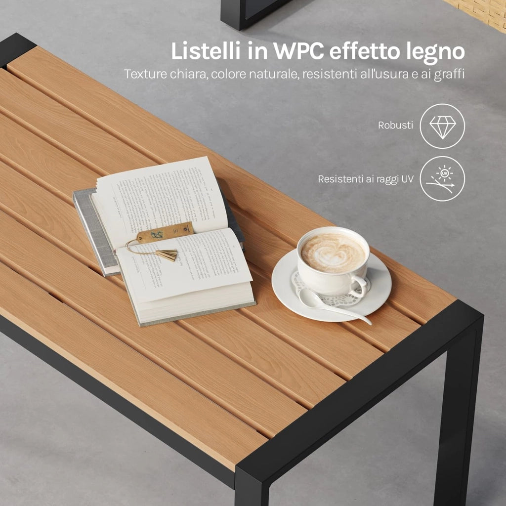 Set di Mobili da Esterno, Tavolo, Divano a 2 Posti e 2 Poltrone con Cuscini Rimovibili, Salotto da Giardino, Resistente alle Intemperie, per Terrazza, Balcone, Colore Legno Naturale