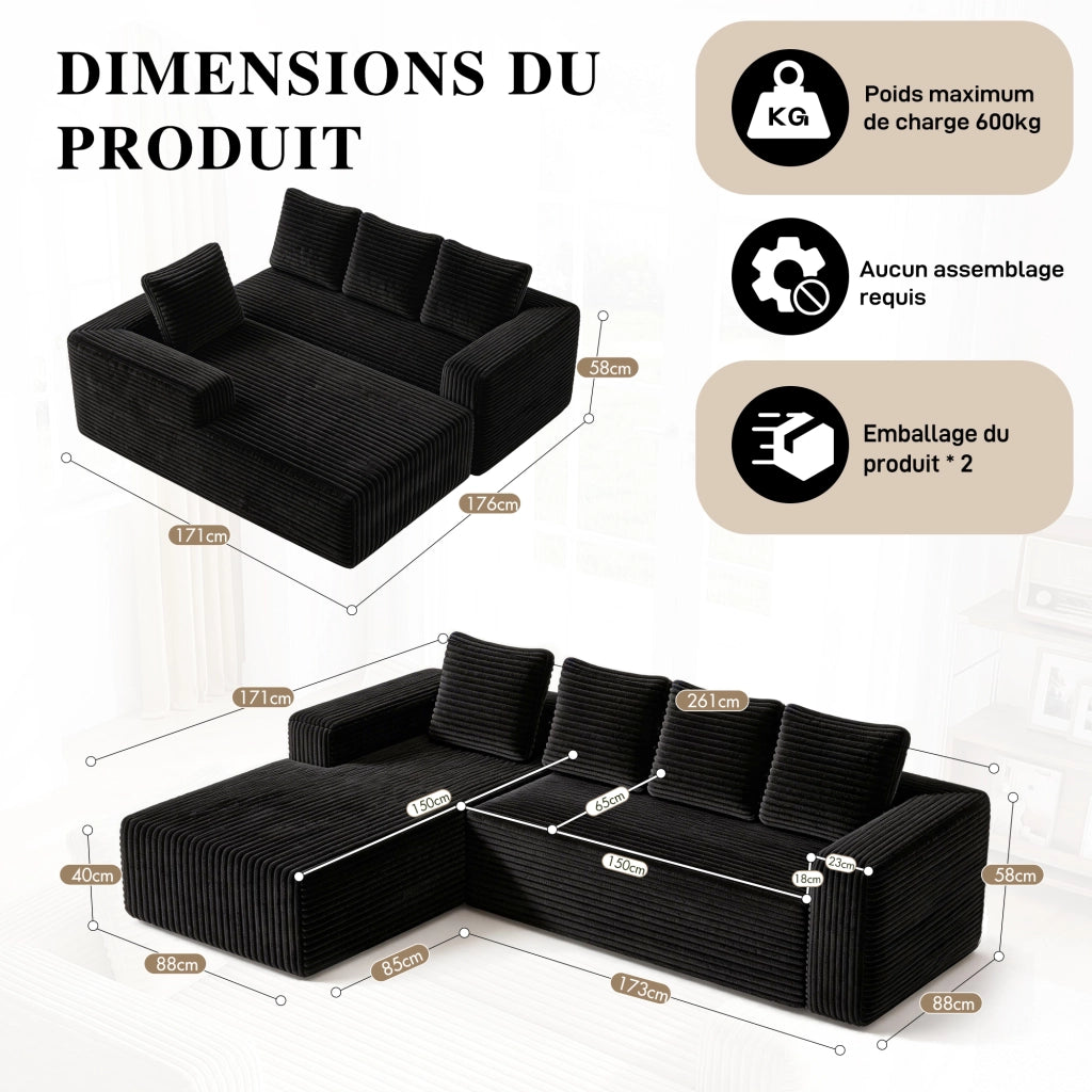 Divano modulare con chaise longue reversibile - seduta profonda in corduroy - nero