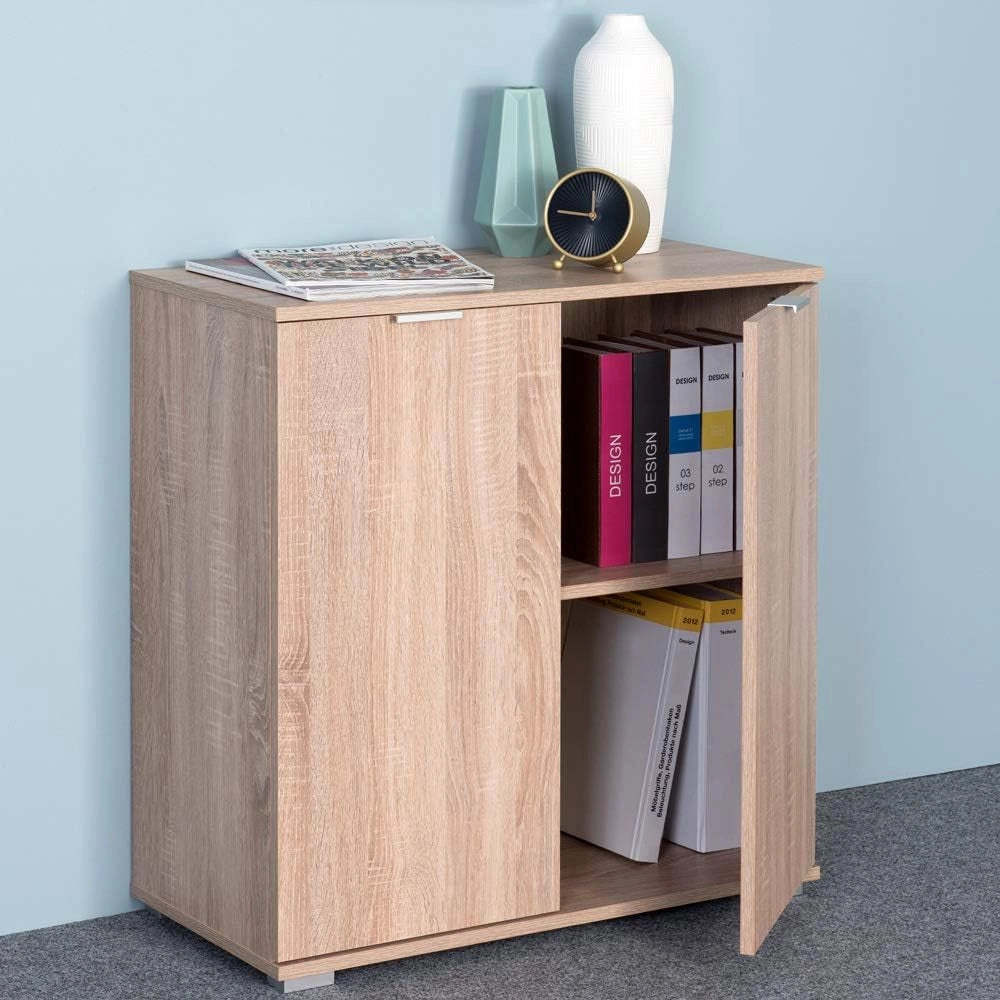 ® Cassettiera Alba 2 Ante con Ripiani 71x74x35cm Comò Armadietto Ufficio Mobiletto Rovere