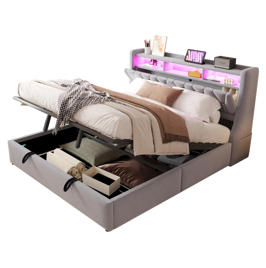Letto imbottito grigio chiaro 180 x 200 cm con vano idraulico e LED