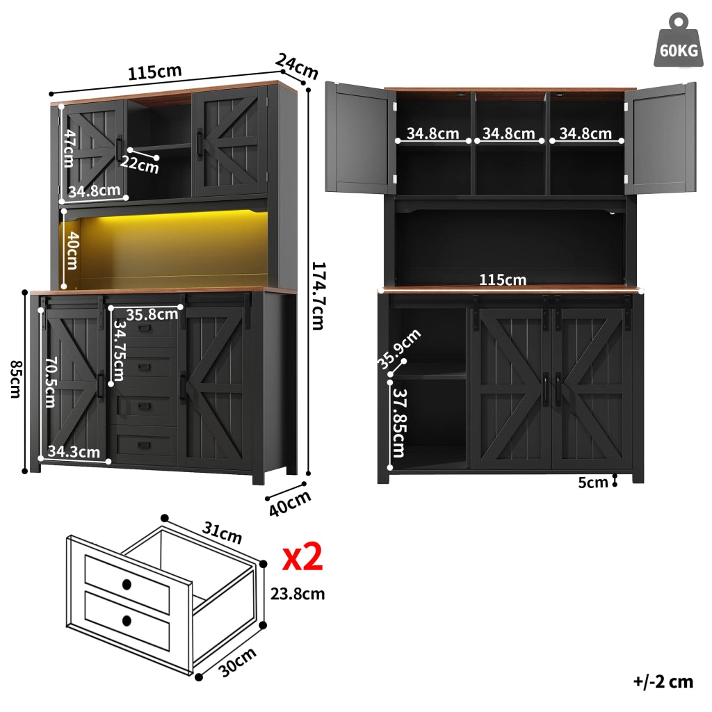 Credenza Cucina Alta con Ante Scorrevoli; 2 Cassetti; Ripiani Regolabili e LED per Cucina; in MDF e Metallo; 115x40x174;7 cm; Nero