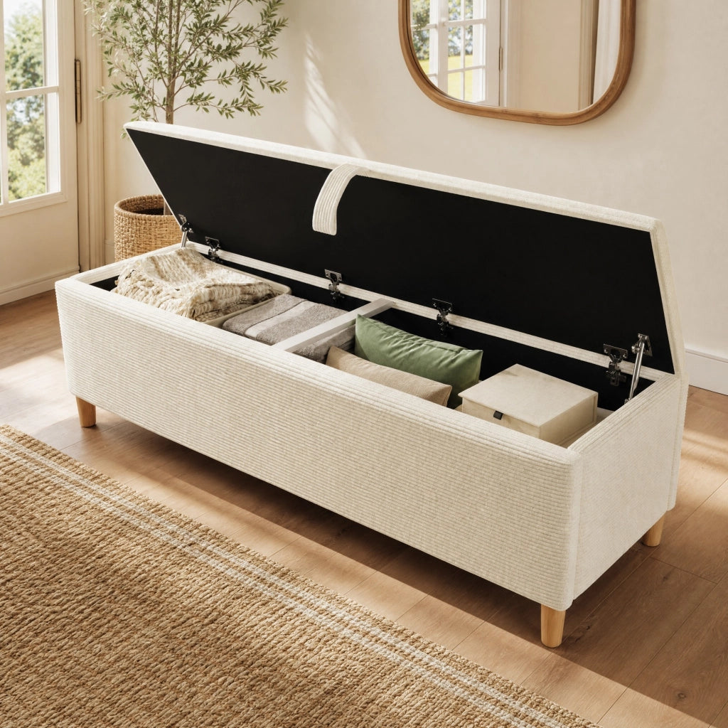 Letto matrimoniale 180x200 cm con LED; contenitore e panca in velluto a coste beige