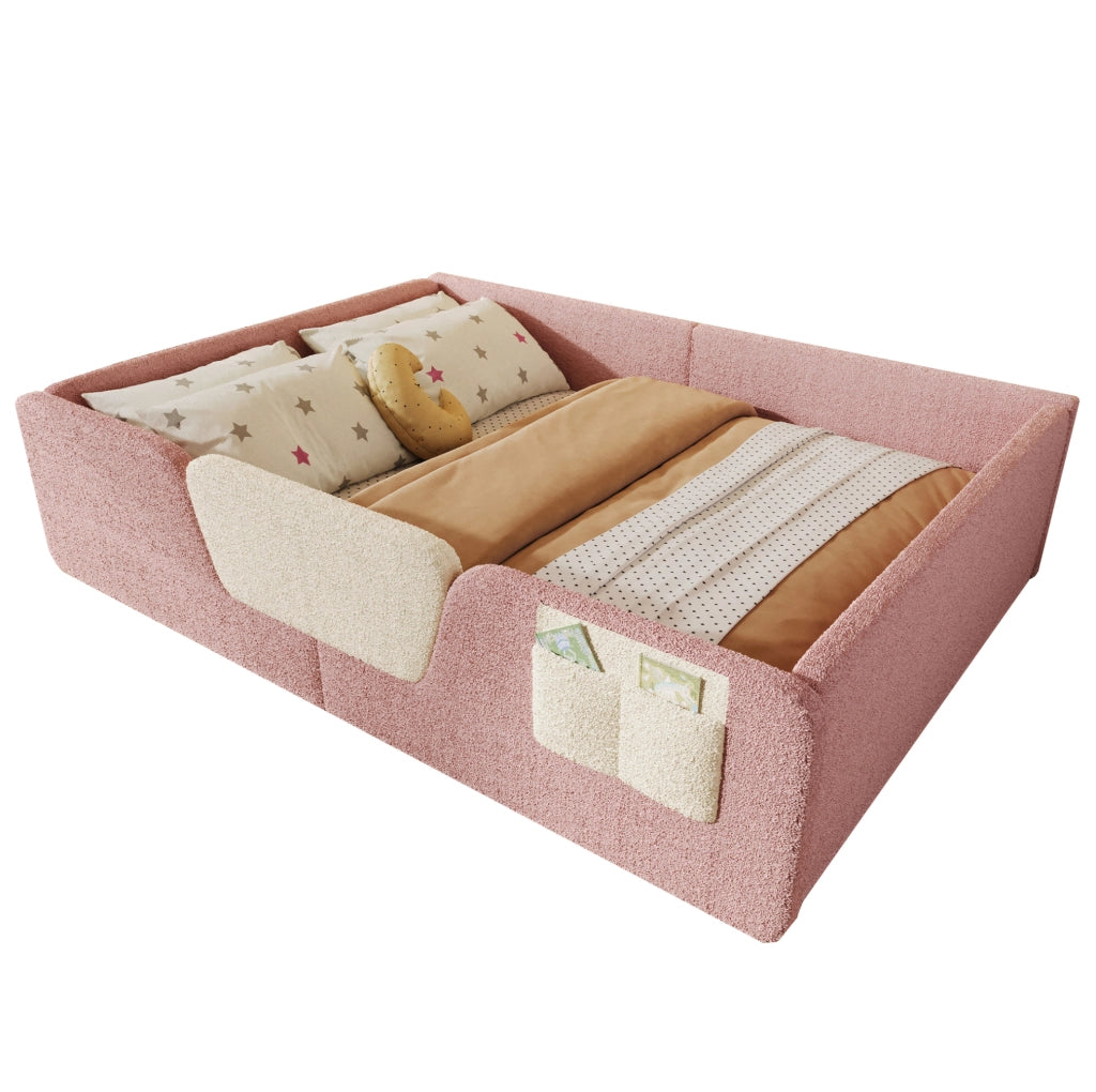 Letto imbottito 140x190 cm con sponde rimovibili e tasca laterale in velluto rosa