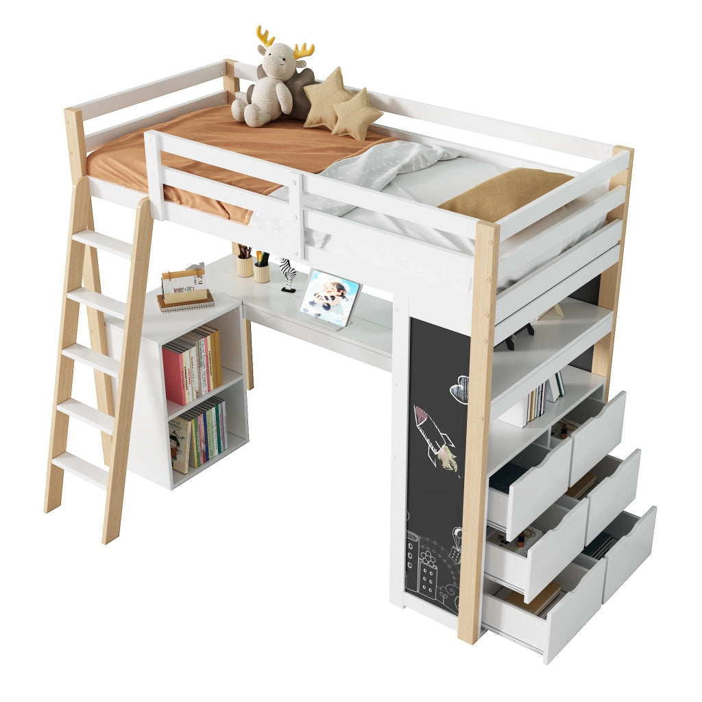 Letto a Soppalco per Bambini con Scrivania, Cassetto, Libreria e Lavagna ¨C MINIMAL ¨C Bianco/Legno 90x200