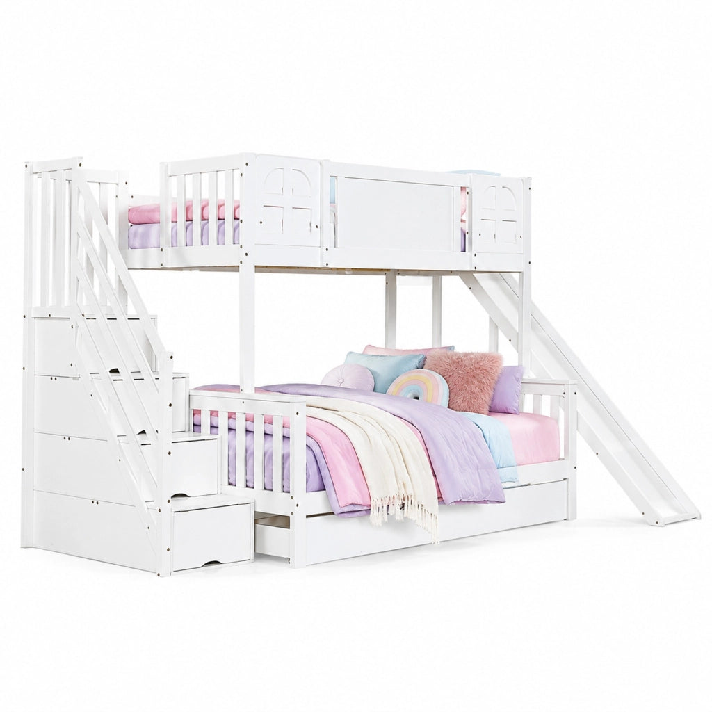 Letto a castello 90x200 cm bianco in pino e MDF con scivolo e scale
