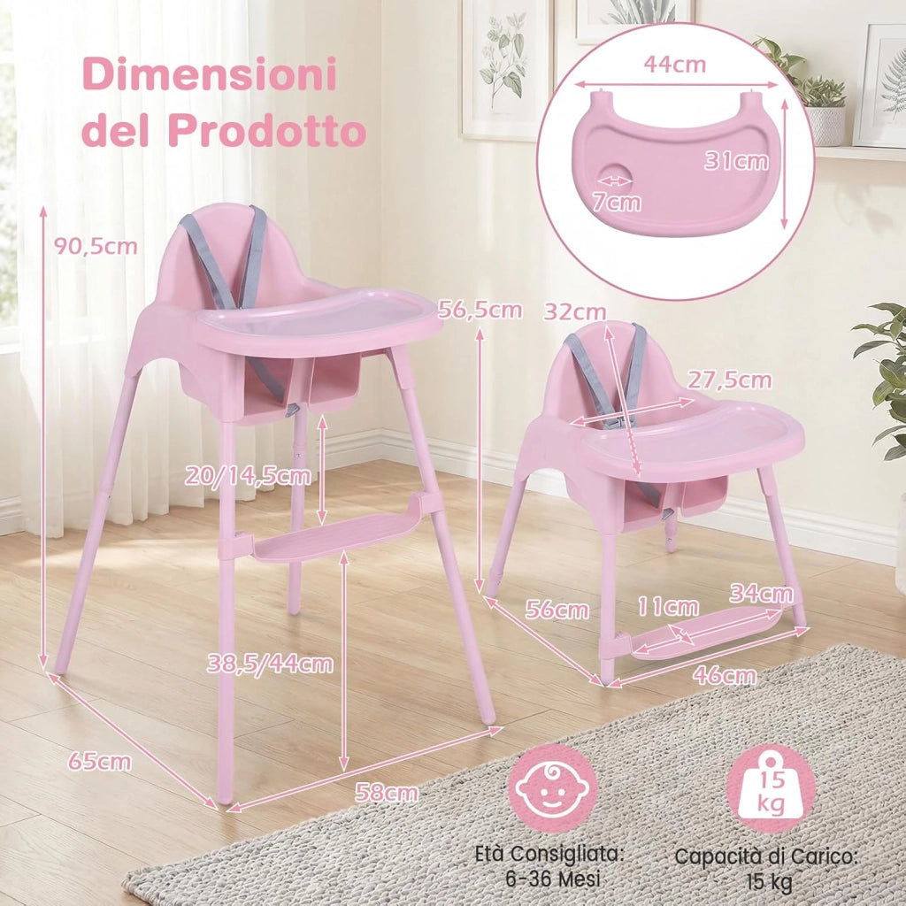 4 in 1 Seggiolone per Bambini, Vassoio Doppio Rimovibile | Cintura di Sicurezza a 5 Punti, Poggiapiedi Reversibile, per Bambini 6-36 Mesi