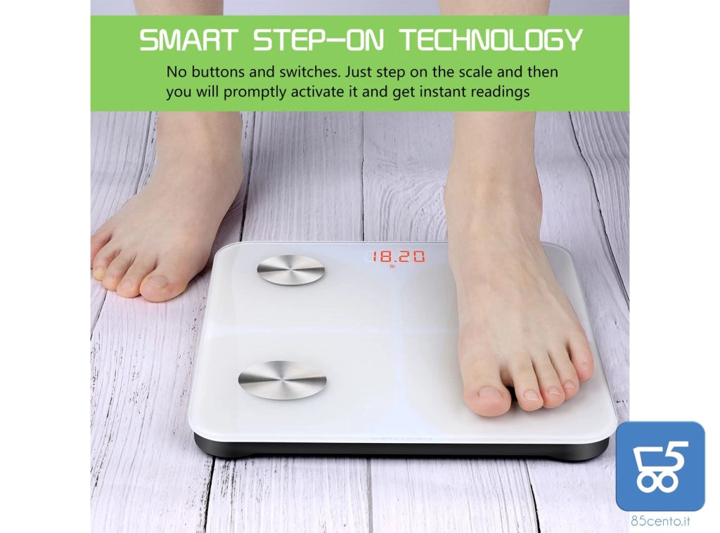 Bilancia Pesapersone Digitale Professionale Impedenziometrica Senza Fili Intelligente per IOS e Android Integrata con 13 Indici di Misurazione Massa Grassa, Massa Magra e Metabolismo Basale - Confezione Rovinata