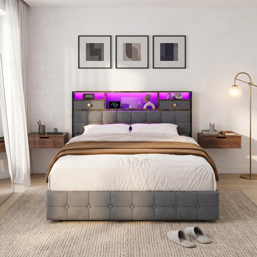Letto una piazza e mezza 140x200 cm con contenitore LED USB Type-C testiera rete a doghe velluto metallo - grigio